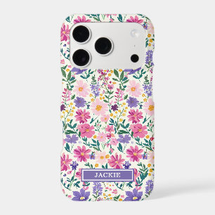 Pink and Purple Ditsy Flowers Monogrammed iPhone 17 Pro Case