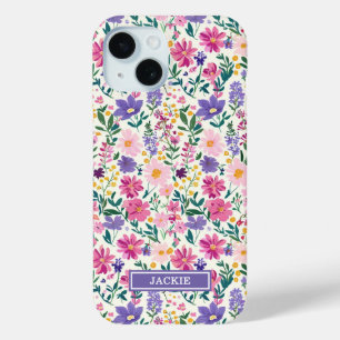 Pink and Purple Ditsy Flowers Monogrammed iPhone 15 Case