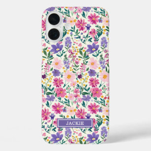 Pink and Purple Ditsy Flowers Monogrammed iPhone 16 Plus Case