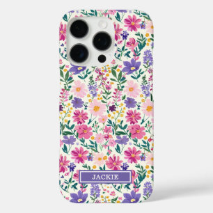 Pink and Purple Ditsy Flowers Monogrammed iPhone 16 Pro Case