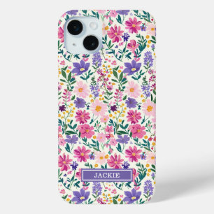 Pink and Purple Ditsy Flowers Monogrammed iPhone 15 Plus Case