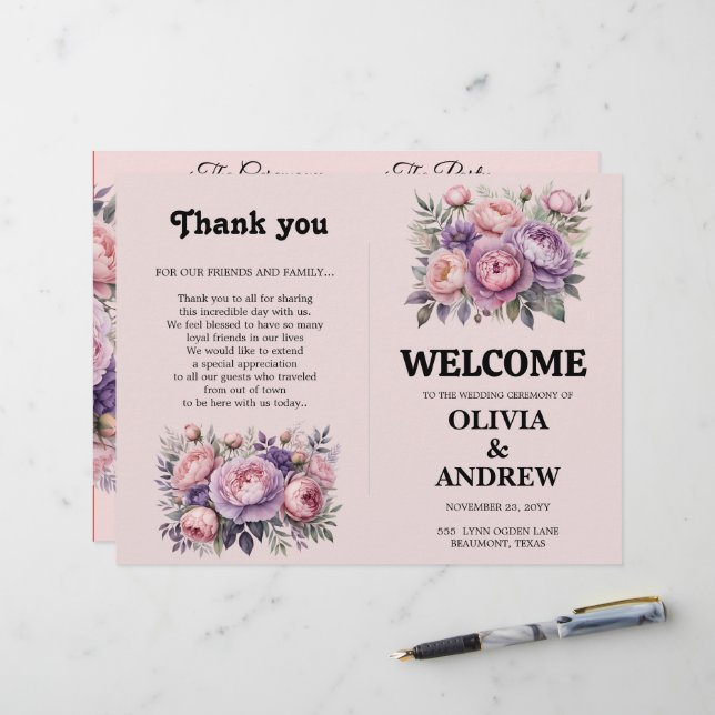 Pink and Purple Elegant Floral Wedding Program (Front/Back In Situ)