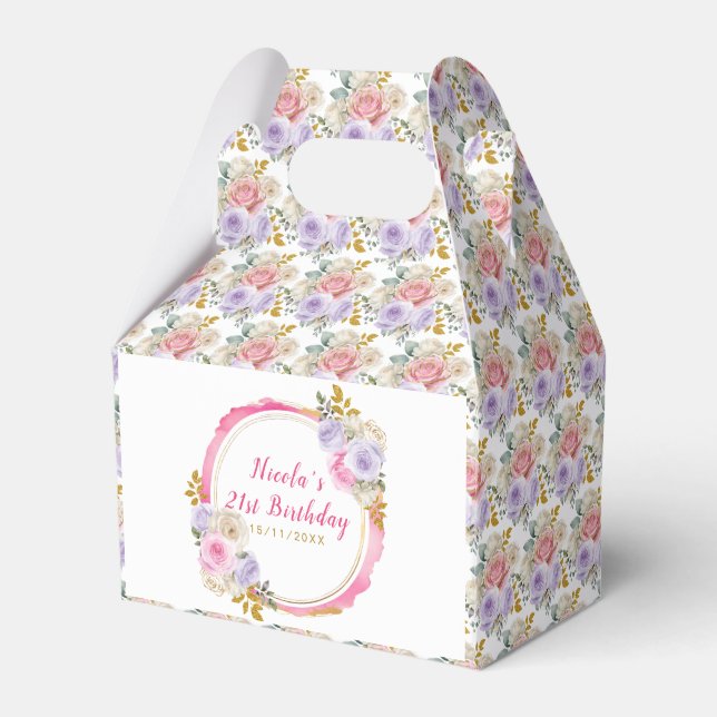 Pink and Purple Elegant Flowers Birthday Favor Boxes (Front Side)