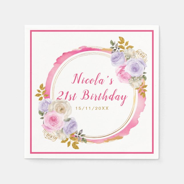 Pink and Purple Elegant Flowers Birthday  Napkins (Front)