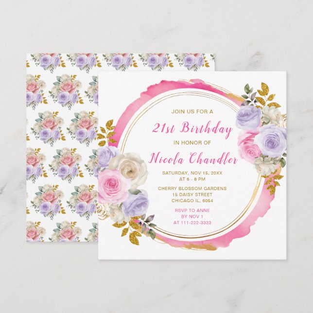 Pink and Purple Elegant Flowers Birthday Party Invitation (Front/Back)