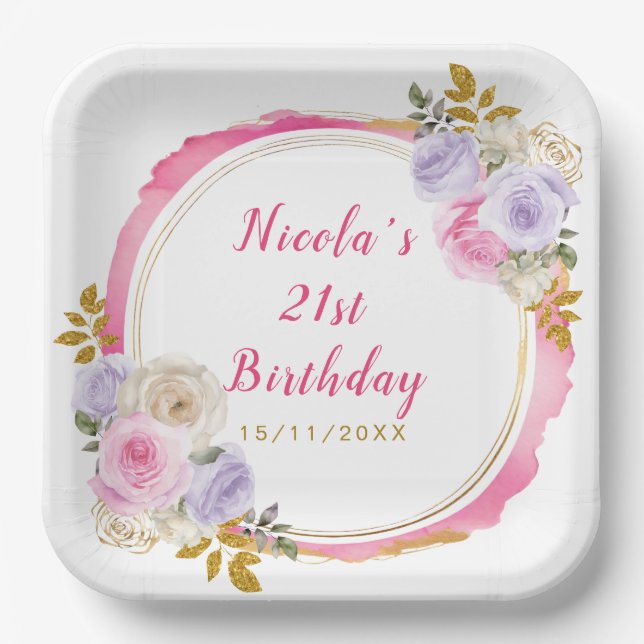 Pink and Purple Elegant Flowers Birthday Party Paper Plates (Front)