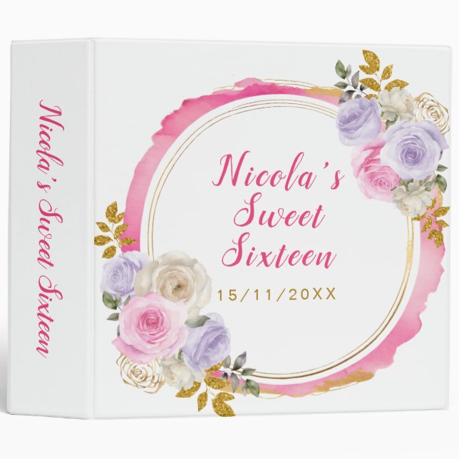 Pink and Purple Elegant Flowers Sweet Sixteen 3 Ring Binder (Front/Spine)
