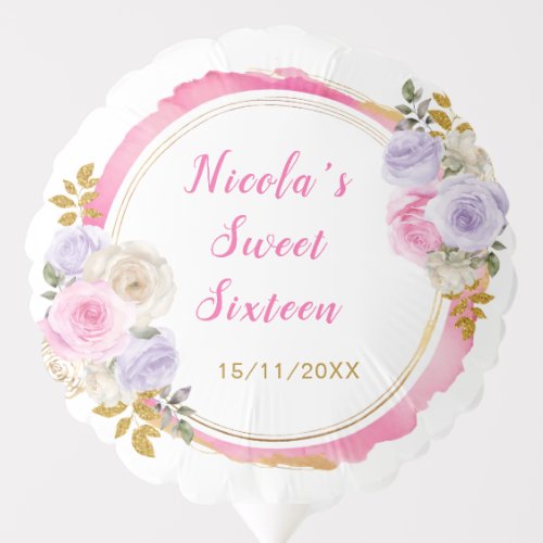 Pink and Purple Elegant Flowers Sweet Sixteen Balloon