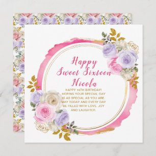 Pink and Purple Elegant Flowers Sweet Sixteen Card