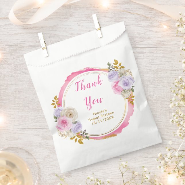 Pink and Purple Elegant Flowers Sweet Sixteen Favor Bag (Clipped)