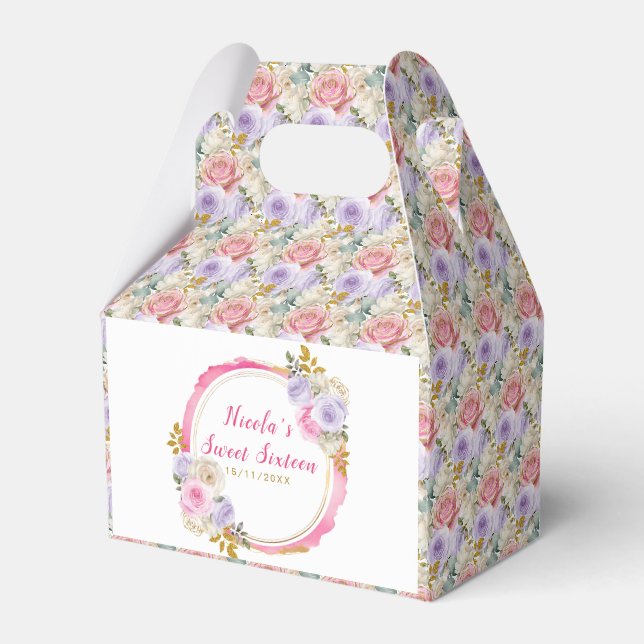 Pink and Purple Elegant Flowers Sweet Sixteen Favor Boxes (Front Side)