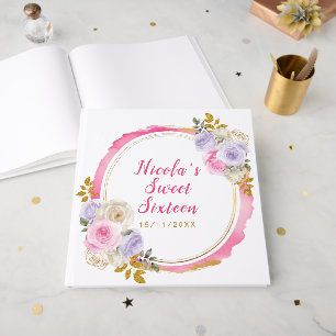 Pink and Purple Elegant Flowers Sweet Sixteen Guest Book