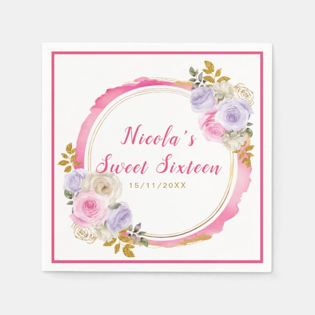 Pink and Purple Elegant Flowers Sweet Sixteen Napkins (Front)
