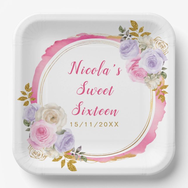 Pink and Purple Elegant Flowers Sweet Sixteen Paper Plates (Front)