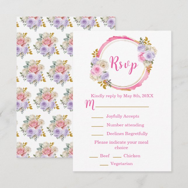 Pink and Purple Elegant Flowers Sweet Sixteen RSVP Card (Front/Back)