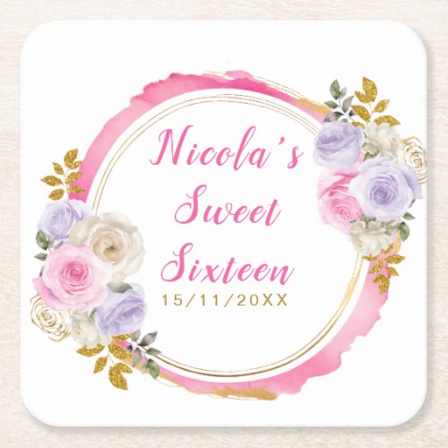 Pink and Purple Elegant Flowers Sweet Sixteen Square Paper Coaster