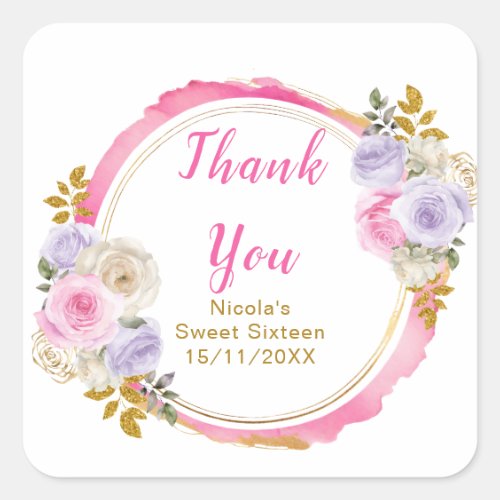 Pink and Purple Elegant Flowers Sweet Sixteen Square Sticker