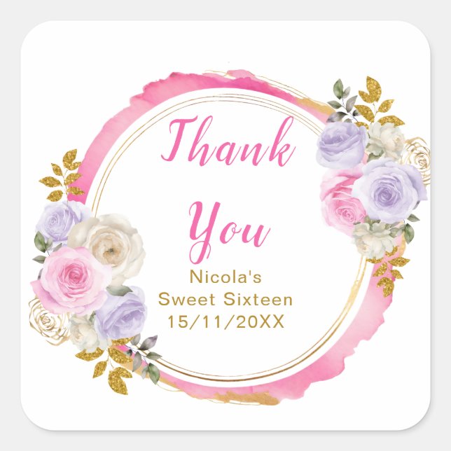 Pink and Purple Elegant Flowers Sweet Sixteen Square Sticker (Front)