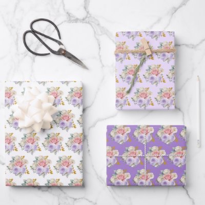 Pink and Purple Elegant Flowers Wrapping Paper Sheets