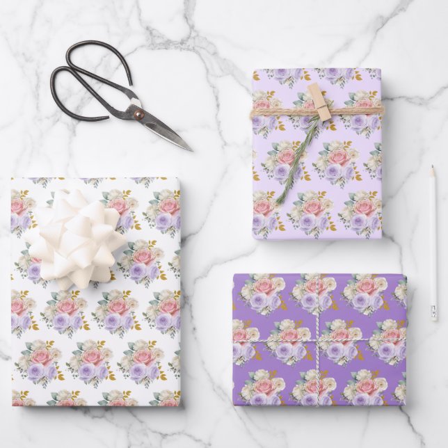Pink and Purple Elegant Flowers Wrapping Paper Sheets (Front)