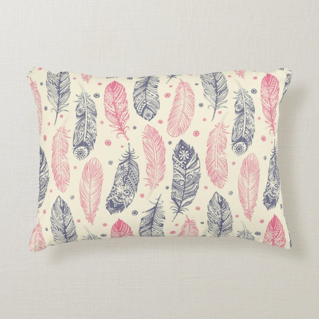 Pink And Purple Ethnic Feather Pattern Accent Pillow (Front)