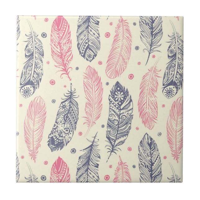 Pink And Purple Ethnic Feather Pattern Ceramic Tile (Front)