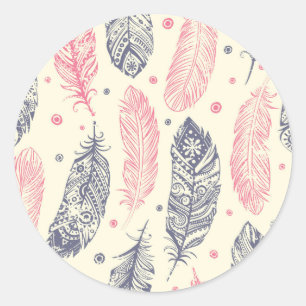 Pink And Purple Ethnic Feather Pattern Classic Round Sticker