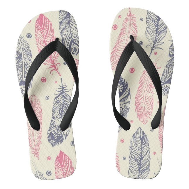 Pink And Purple Ethnic Feather Pattern Flip Flops (Footbed)