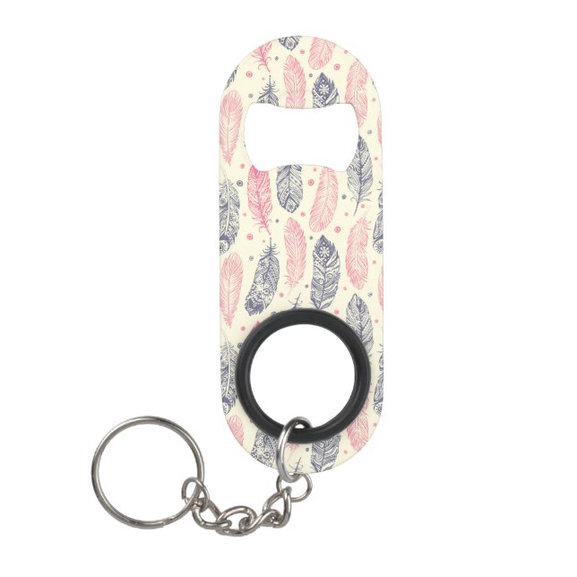 Pink And Purple Ethnic Feather Pattern Keychain Bottle Opener (Front)