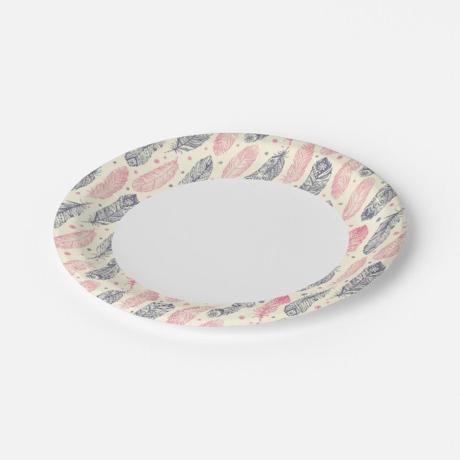 Pink And Purple Ethnic Feather Pattern Paper Plates (Angled)