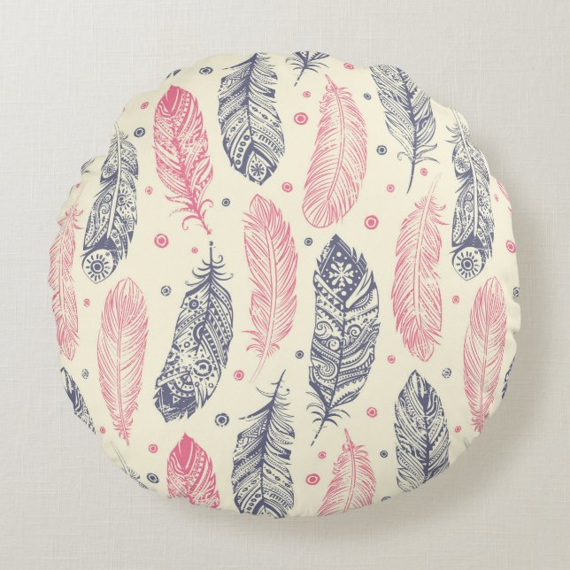 Pink And Purple Ethnic Feather Pattern Round Pillow (Front)