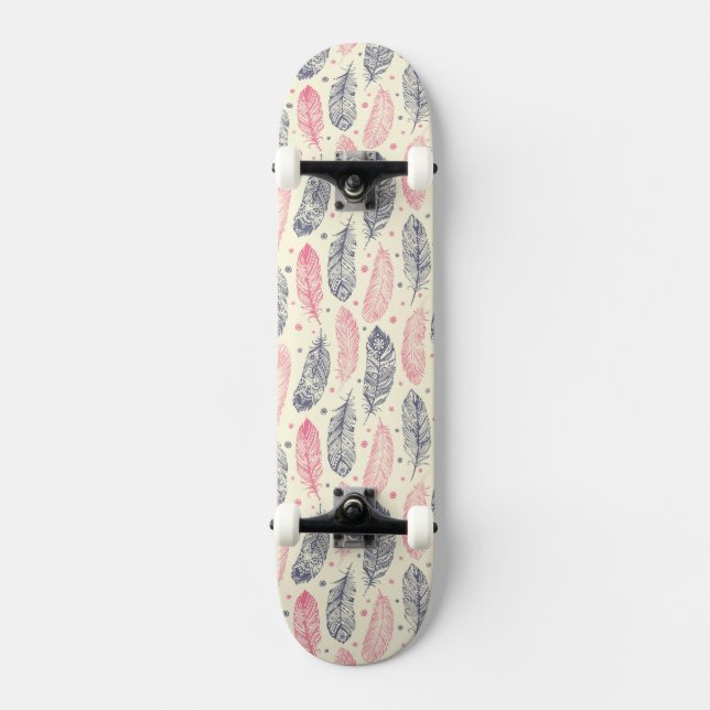 Pink And Purple Ethnic Feather Pattern Skateboard Deck (Front)