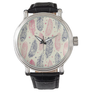 Pink And Purple Ethnic Feather Pattern Watch