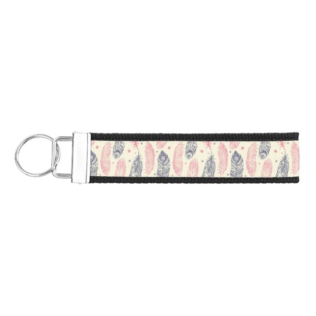Pink And Purple Ethnic Feather Pattern Wrist Keychain (Keys on Left)