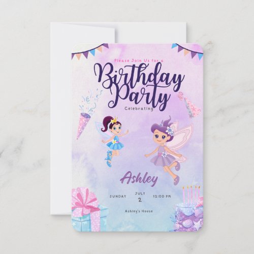 Pink and Purple fairies Kids Birthday Customize  Save The Date