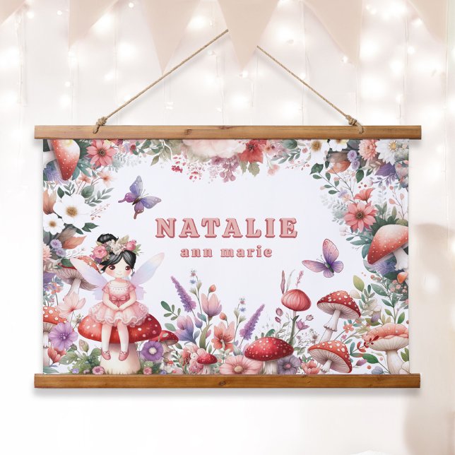 Pink and Purple Fairycore Personalized Name Hanging Tapestry (Enchanted Fairycore Garden Custom Name Tapestry Wall Art Black Hair Fairy.)