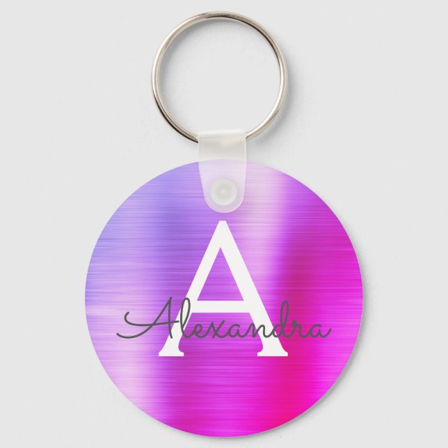 Pink and Purple Faux Stainless Steel Monogram Keychain (Front)