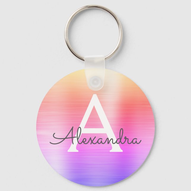 Pink and Purple Faux Stainless Steel Monogram Keychain (Front)