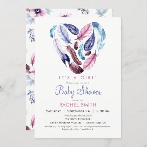 Pink and Purple Feathers Baby Shower Invitation