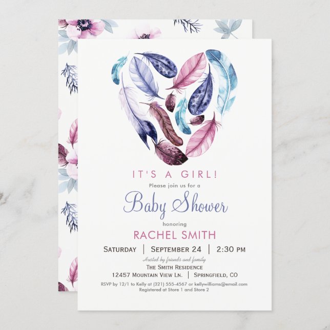 Pink and Purple Feathers Baby Shower Invitation (Front/Back)