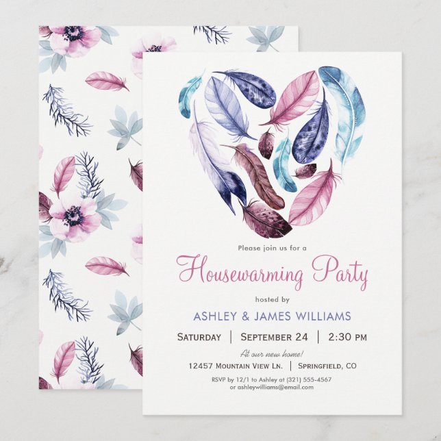 Pink and Purple Feathers Housewarming Party Invitation (Front/Back)