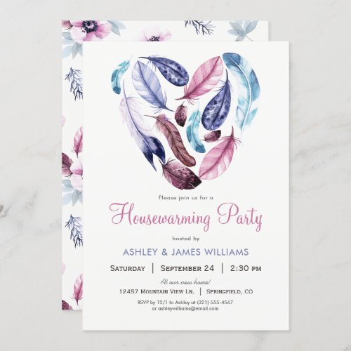 Pink and Purple Feathers Housewarming Party Invitation