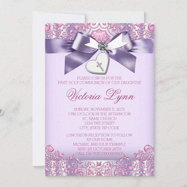 Pink and Purple First Communion Invitation (Front)