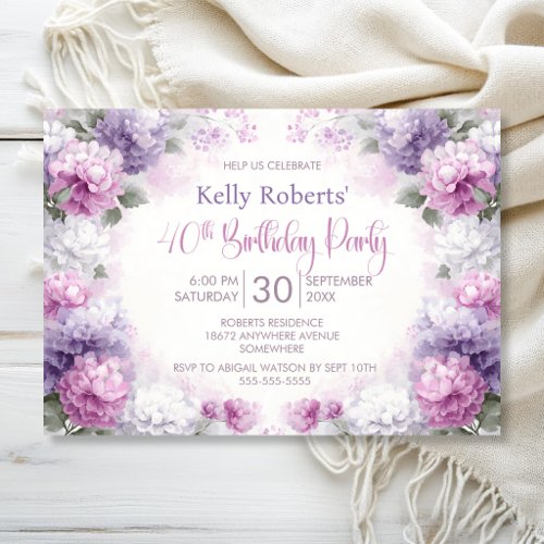 Pink and Purple Floral 40th Birthday Party Invitation