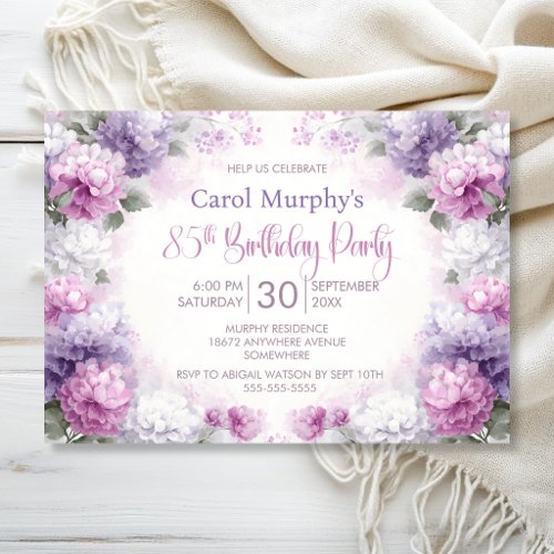 Pink and Purple Floral 85th Birthday Party Invitation