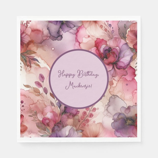 Pink and Purple Floral Alcohol Ink Illustration  Napkins (Front)