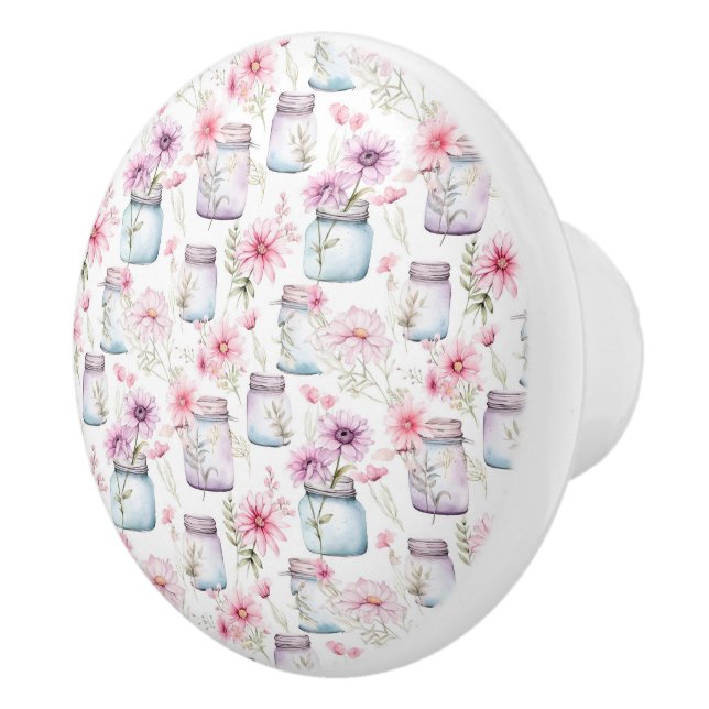 Pink and Purple Floral and Mason Jars  Ceramic Knob (Right)
