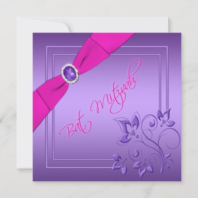 Pink and Purple Floral Bat Mitzvah Invitation (Front)