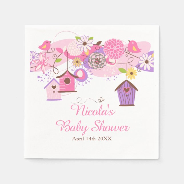 Pink and Purple Floral Bird Cages Baby Shower Napkins (Front)