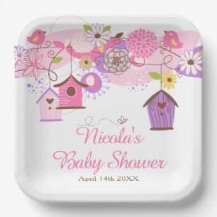 Pink and Purple Floral Bird Cages Baby Shower Paper Plates